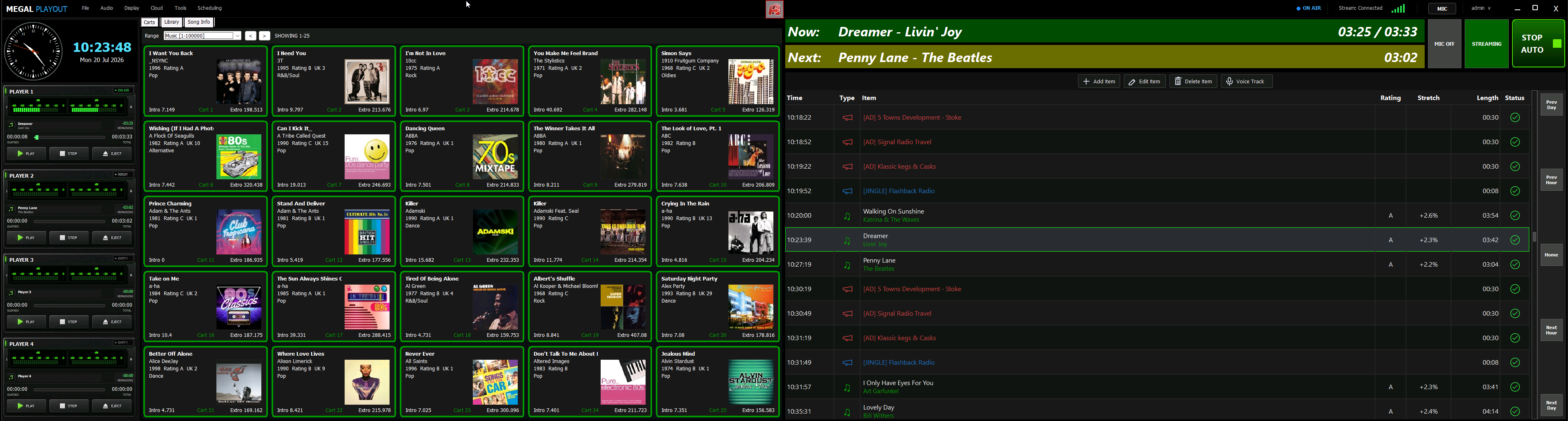 Megal Playout dual-screen interface showing cart walls, live players and an automated schedule